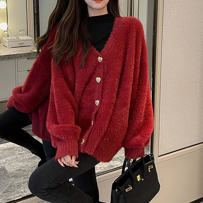 White Heart Buttons Mink Cashmere Cardigan V Neck Autumn Winter Vintage Lantern Sleeve Knit Sweaters Soft Women Hairy Loose O213