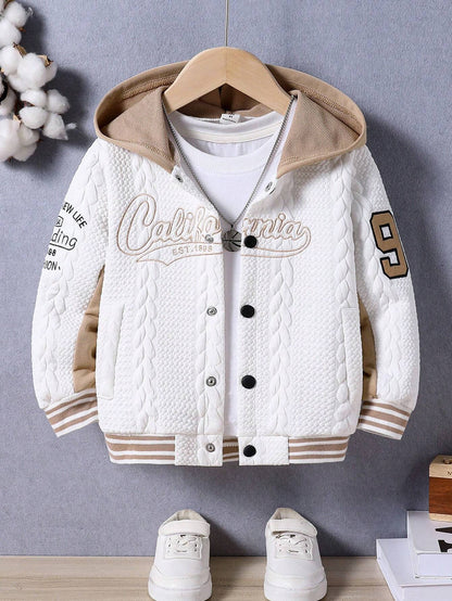 Young Boy Letter Embroidered Hooded Casual Jacket Chic Outfits for Autumn/Winter