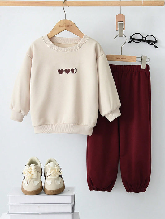 Young Girls' 2Pcs Casual Sportswear Set, Heart Printed Long Sleeve Sweatshirt and Solid Color Pants, Spring and Autumn