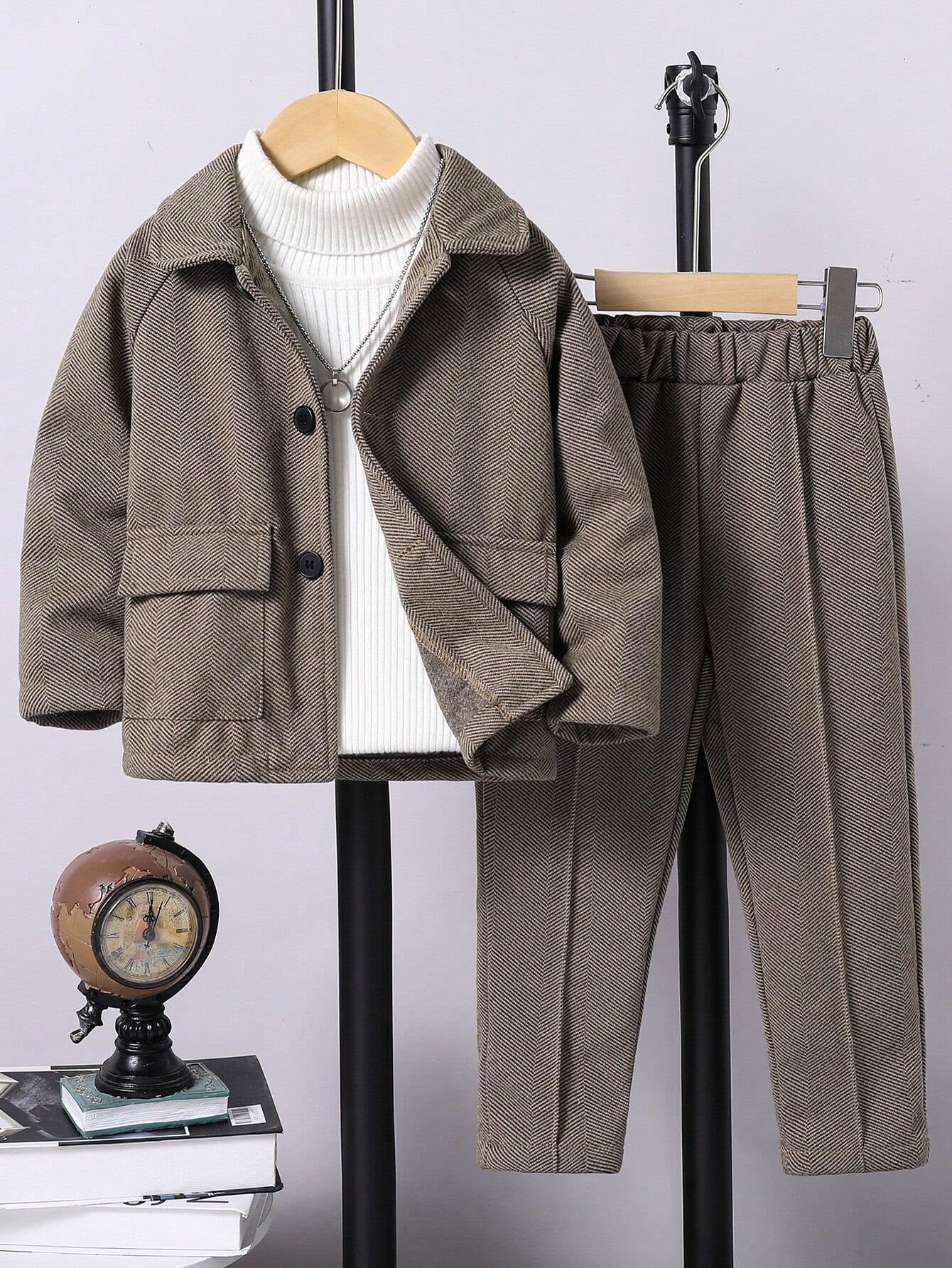 2Pcs Young Boy Collared Blazer Jacket and Casual Pants Set Chic Outfits for Autumn/Winter