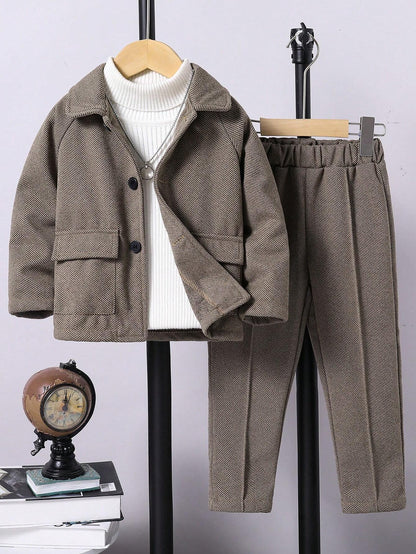2Pcs Young Boy Collared Blazer Jacket and Casual Pants Set Chic Outfits for Autumn/Winter
