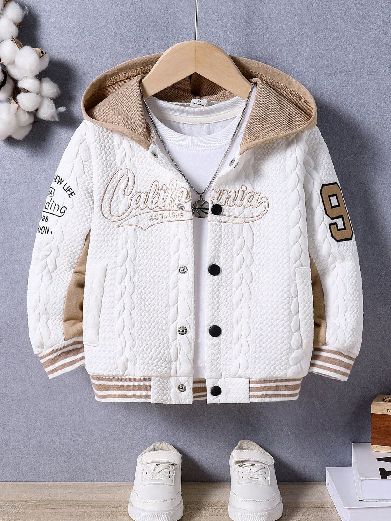 Young Boy Letter Embroidered Hooded Casual Jacket Chic Outfits for Autumn/Winter