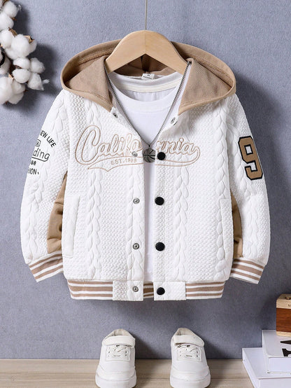 Young Boy Letter Embroidered Hooded Casual Jacket Chic Outfits for Autumn/Winter