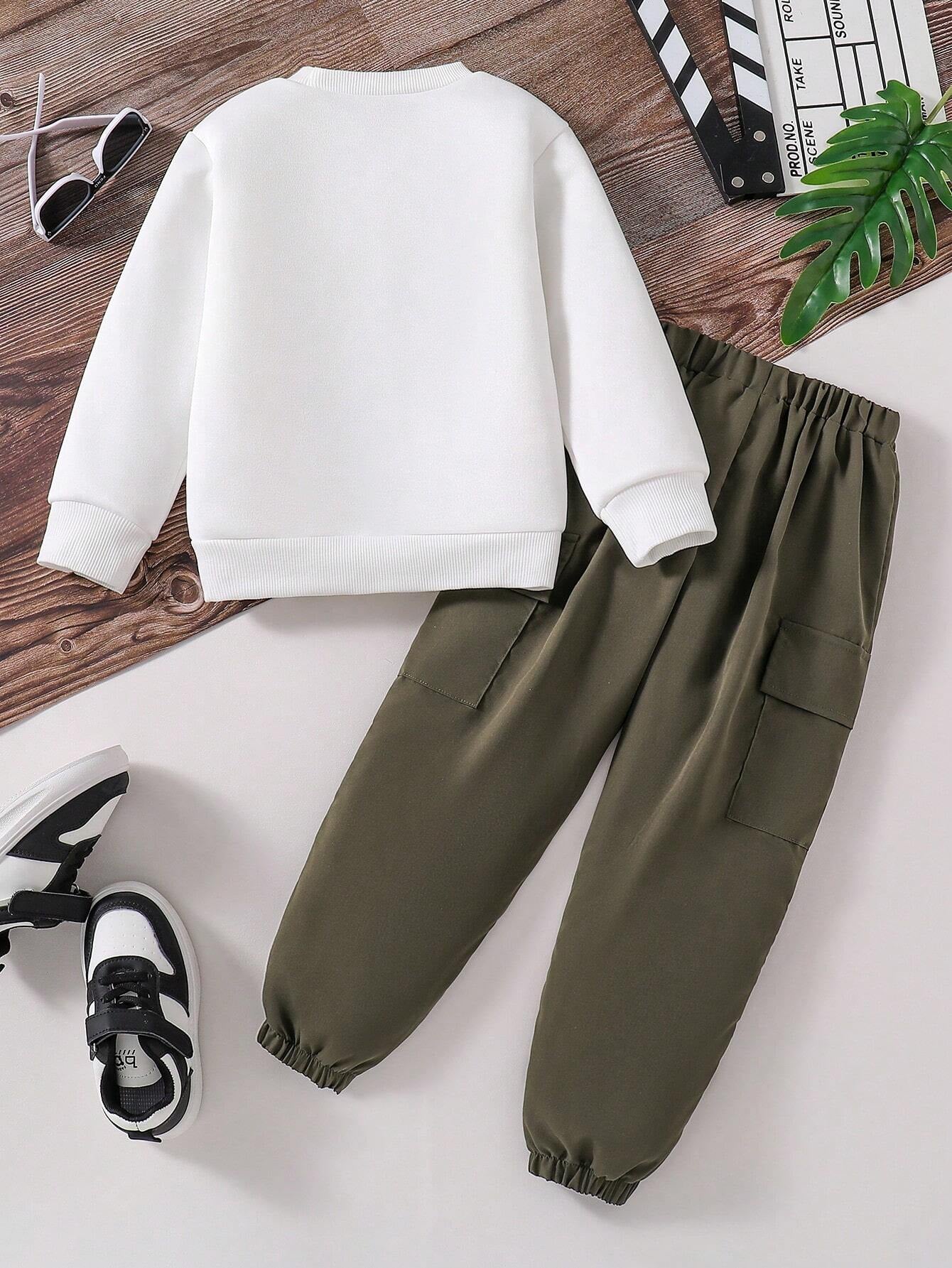 Young Boy Camo Pattern Fleece Sweatshirt and Cargo Pants Set