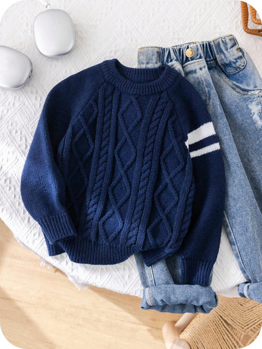 1Pc Young Boys Casual Comfortable Stylish Classic Textured Knit Deer Pattern round Neck Sweater, Suitable for Kids Outfit, Young Boy Clothes, School, Daily Wear, Travel, Party, Autumn/Winter