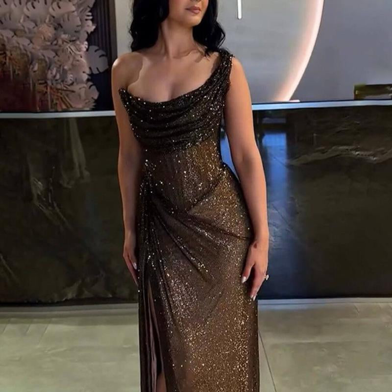 Likemychoice Elegant Sequin Slit Party Maxi Dress - Gold Sequined One Shoulder Floor Length Gown for Special Events