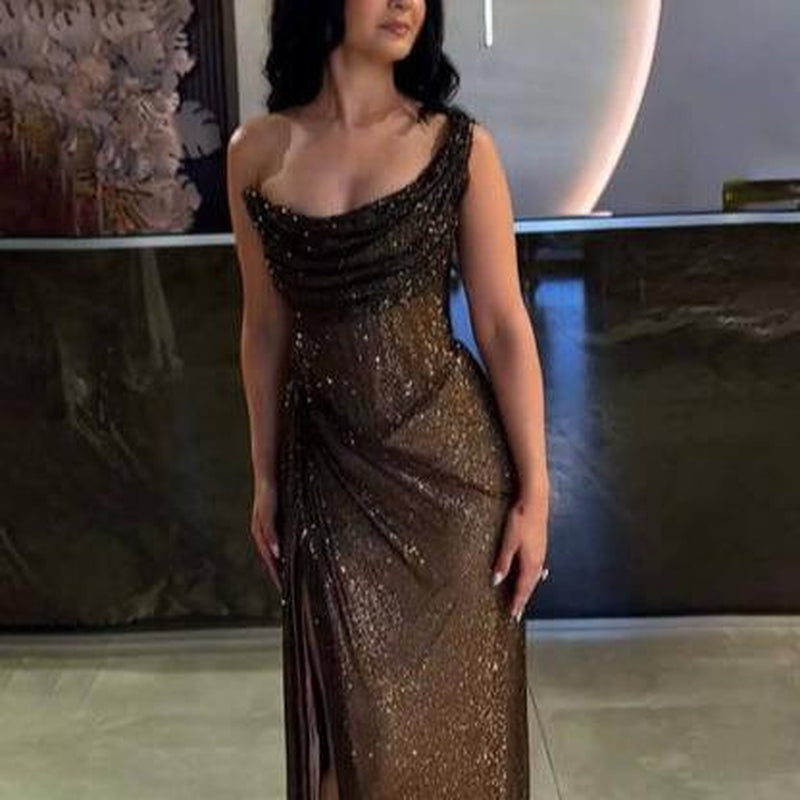 Likemychoice Elegant Sequin Slit Party Maxi Dress - Gold Sequined One Shoulder Floor Length Gown for Special Events