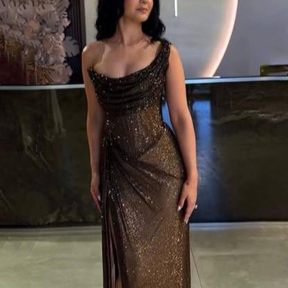 Likemychoice Elegant Sequin Slit Party Maxi Dress - Gold Sequined One Shoulder Floor Length Gown for Special Events