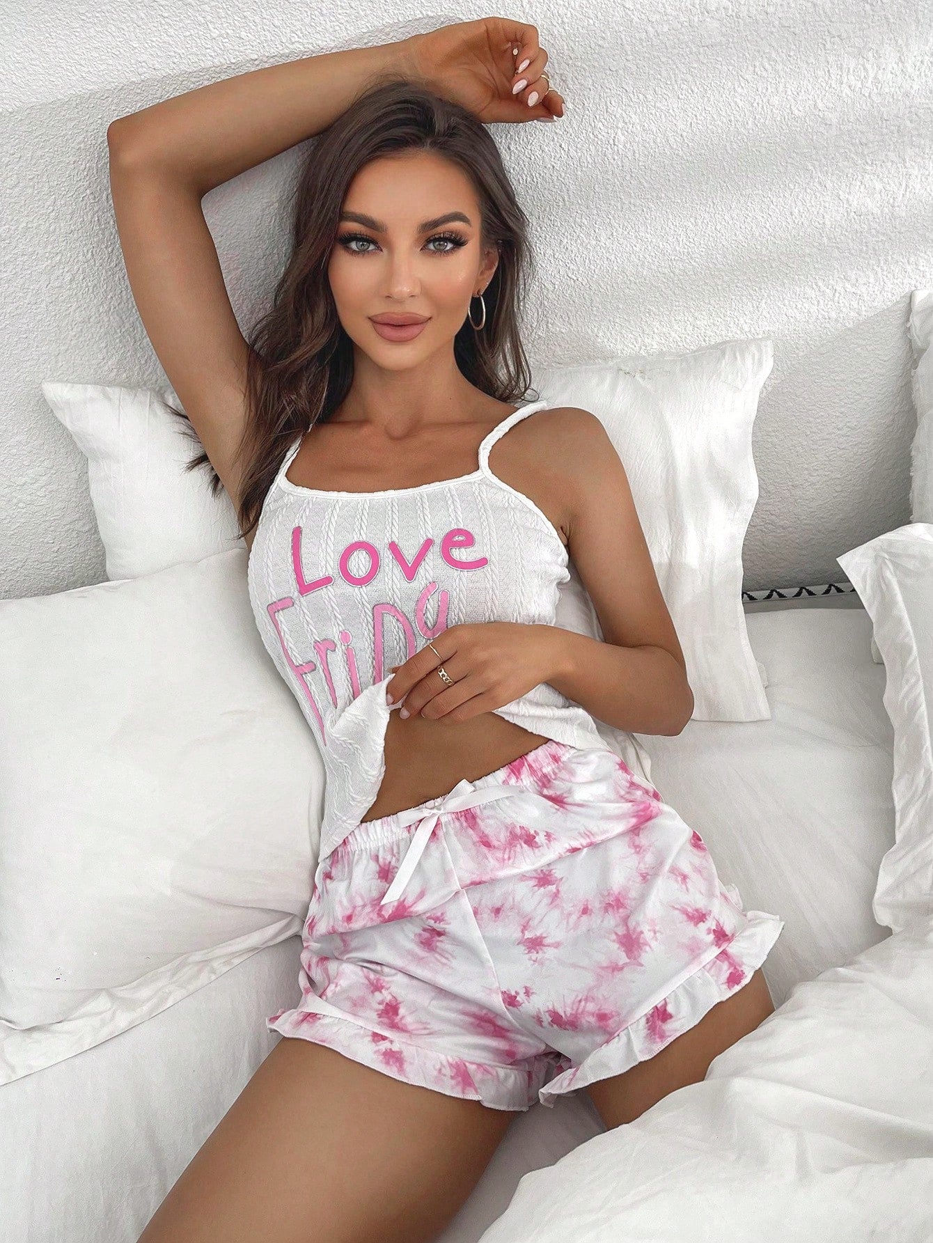 Slogan Graphic Cami Top & Tie Dye Print Shorts PJ Set