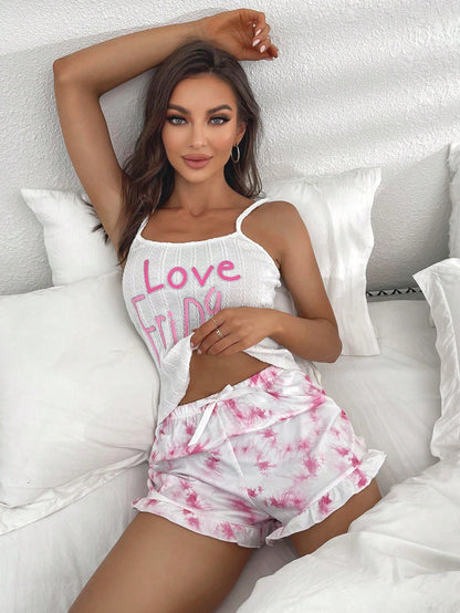 Slogan Graphic Cami Top & Tie Dye Print Shorts PJ Set