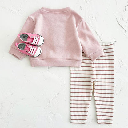 Newborn Baby Girl Spring Autumn Set Ice Cream Patch Top Striped Long Pants Top Pants 2Pc Casual Comfortable Pink Set