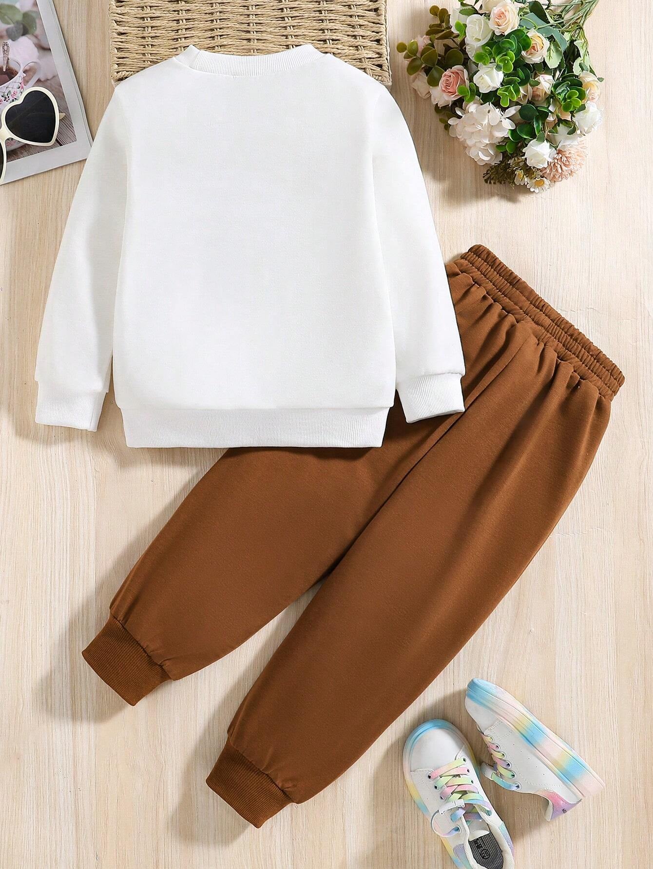 Young Girl 2Pcs Cartoon Print Crew Neck Sweatshirt and Sweatpants Set