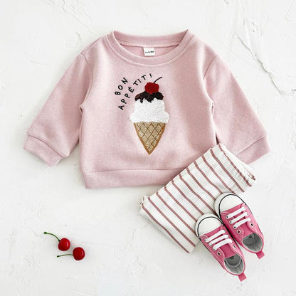 Newborn Baby Girl Spring Autumn Set Ice Cream Patch Top Striped Long Pants Top Pants 2Pc Casual Comfortable Pink Set