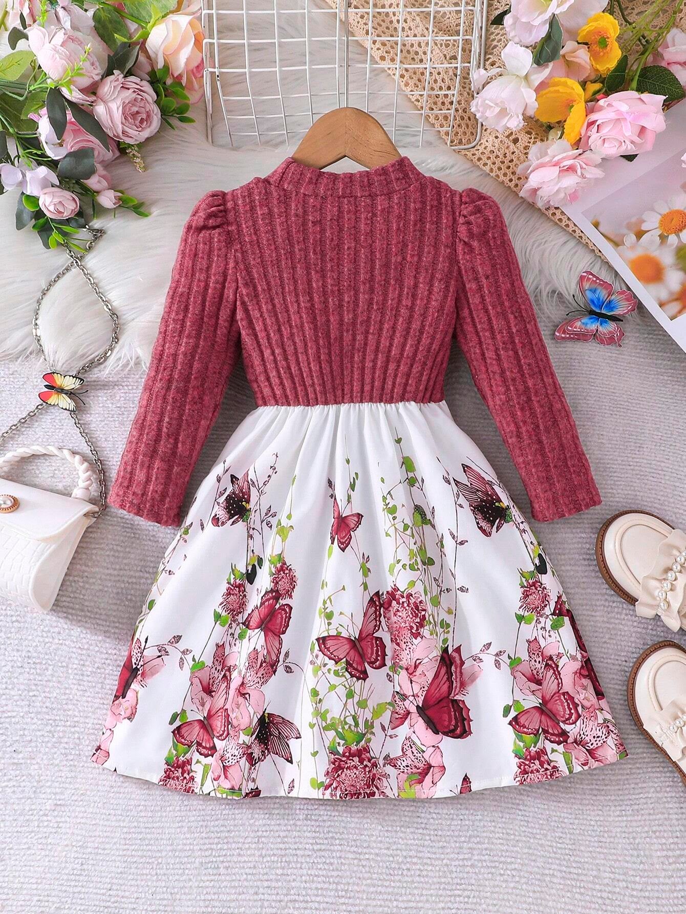 Young Girl Floral Knitted Ruffled Dress with Puff Sleeves, Elegant Flower Print Patchwork Princess Long Dress, Autumn/Winter Collection