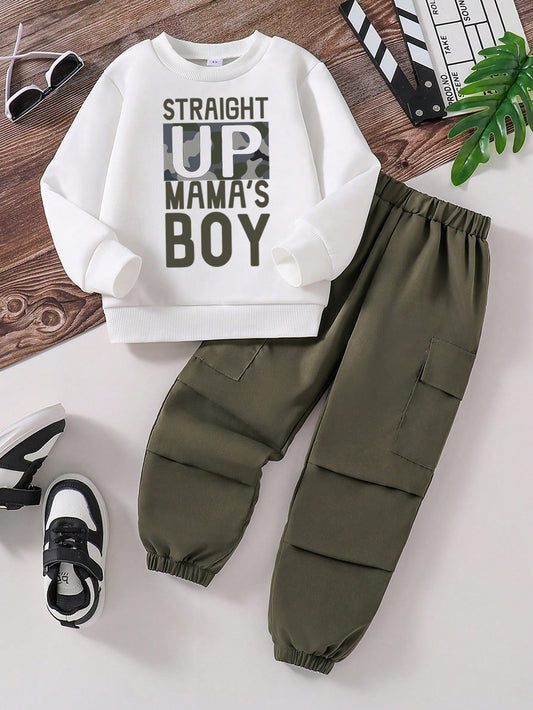 Young Boy Camo Pattern Fleece Sweatshirt and Cargo Pants Set