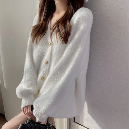 White Heart Buttons Mink Cashmere Cardigan V Neck Autumn Winter Vintage Lantern Sleeve Knit Sweaters Soft Women Hairy Loose O213