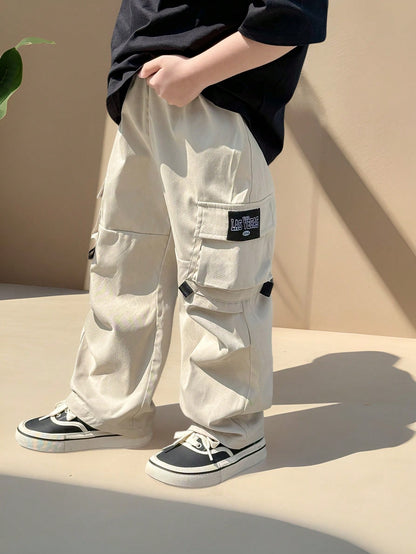 YOUNG Boys Loose Fashion Hip Hop Style Pockets Cargo Pants, Casual Streetwear Retro College Going Back to School Style