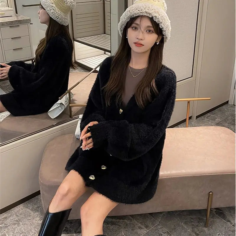 White Heart Buttons Mink Cashmere Cardigan V Neck Autumn Winter Vintage Lantern Sleeve Knit Sweaters Soft Women Hairy Loose O213