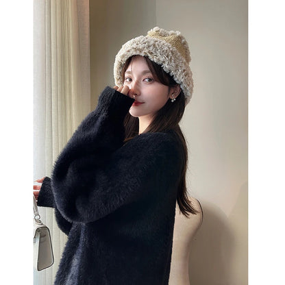 White Heart Buttons Mink Cashmere Cardigan V Neck Autumn Winter Vintage Lantern Sleeve Knit Sweaters Soft Women Hairy Loose O213